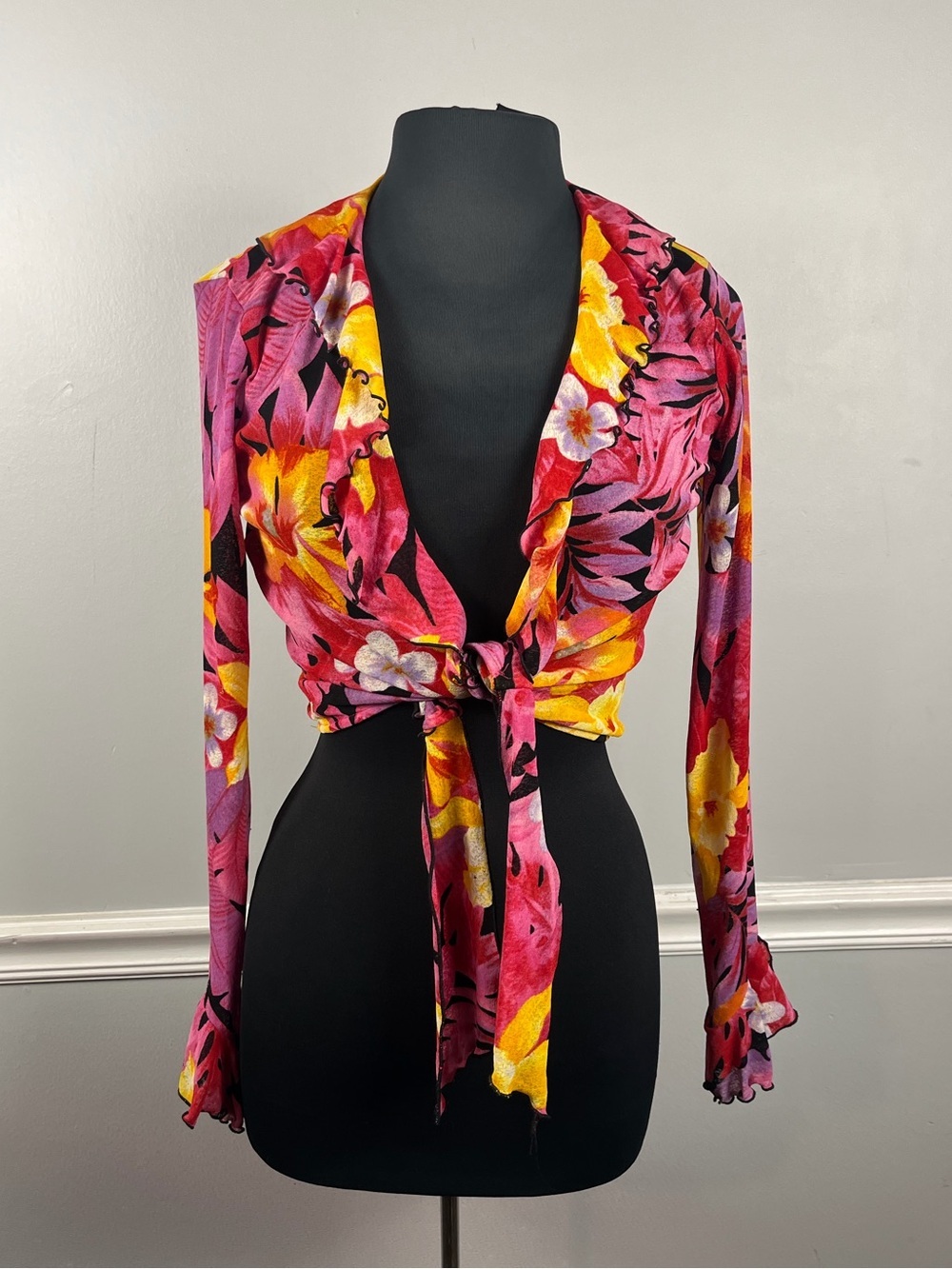 Vintage 90s /2000s cache floral tropical mesh ruffle tie top size 4